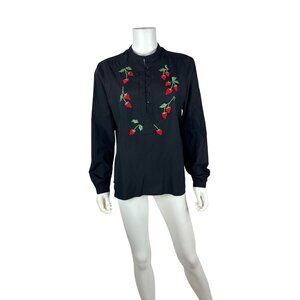 Vintage 70s Strawberries Blouse Womens Large Black Red Embroidered Boho Top